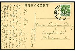 10 øre Bølgelinie på brevkort (Svaneke Park) fra Svaneke annulleret brotype Vb Rønne B. d. 2.6.1929 til København.