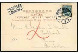 4 øre Tofarvet 122.tryk på brevkort (Fredensborg Slot) annulleret Fredensborg d. 29.3.1902 til Postfuldmægtig på postkontoret i Rønne. Rammestempel Utilstrækkelig frankeret og udtakseret i 2 øre porto.