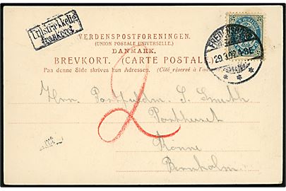 4 øre Tofarvet 122.tryk på brevkort (Fredensborg Slot) annulleret Fredensborg d. 29.3.1902 til Postfuldmægtig på postkontoret i Rønne. Rammestempel Utilstrækkelig frankeret og udtakseret i 2 øre porto.