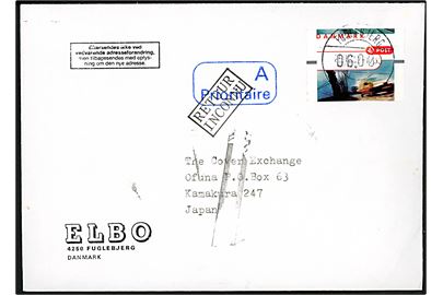 6 kr. frankeringsetiket på A-brev fra Fuglebjerg d. 25.10.2002 til Kamakura, Japan. Retur som ubekendt.