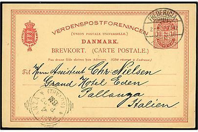 10 øre Våben helsagsbrevkort annulleret med bureaustempel Fredericia - Aalborg T.172 d. 2.8.1902 til Pallanza, Italien.