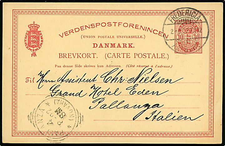 10 øre Våben helsagsbrevkort annulleret med bureaustempel Fredericia - Aalborg T.172 d. 2.8.1902 til Pallanza, Italien.