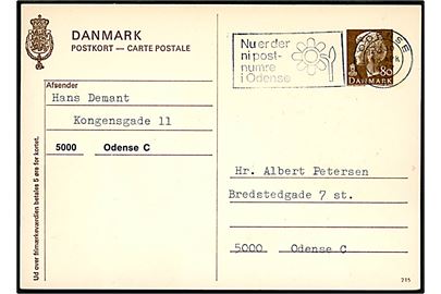 80 øre Margrethe helsagsbrevkort (fabr. 215) med Meddelelse om nyt postnummer 5000 Odense C annulleret med TMS Nu er der ni postnumre i Odense / Odense 1. d. 18.4.1977 til Odense. 