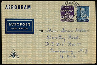 40+10 øre provisorisk helsags aerogram (fabr. 2) fra Rudkøbing d. 31.8.1950 til Parsippany, N. J., USA.