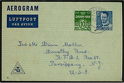 50+10 øre provisorisk helsags aerogram (fabr. 6) fra Rudkøbing d. 9.10.1952 til Parsippany, N. J., USA.