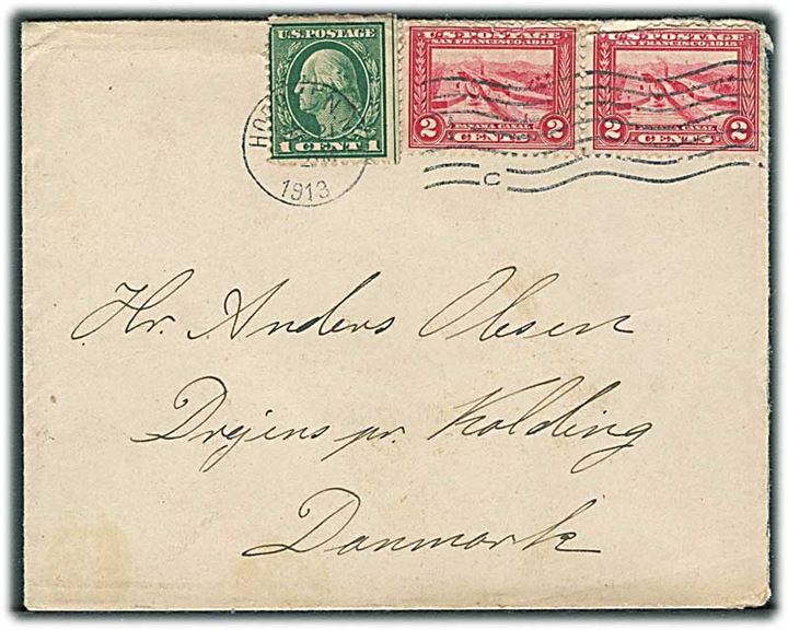 Amerikansk 5 cent frankeret brev fra Hoboken N.Y. d. 21.5.1913 til Kolding, Danmark. Fra sømand ombord på Skandinavien-Amerika Linie damperen S/S United States.