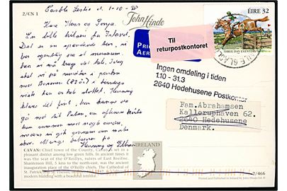 Irsk 32d frankeret brevkort dateret d. 1.10.1998 til Kalleruphaven i Hedehusene. Til returpostkontoret med stempel: Ingen omdeling i tiden 1.10 - 31.3 / 2640 Hedehusene Postkontor.