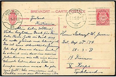 10 øre Posthorn helsagsbrevkort fra Kristiania d. 5.1.1915 til Stabsartz ved 19. Division, X Korps, Tyskland.