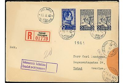 2 mk. Mannerheim og 2+2 mk. Forsterlandet i parstykke på anbefalet brev fra Helsingfors d. 15.2.1940 til Ystad, Sverige. Lukket med orange oblat. Finsk censur.