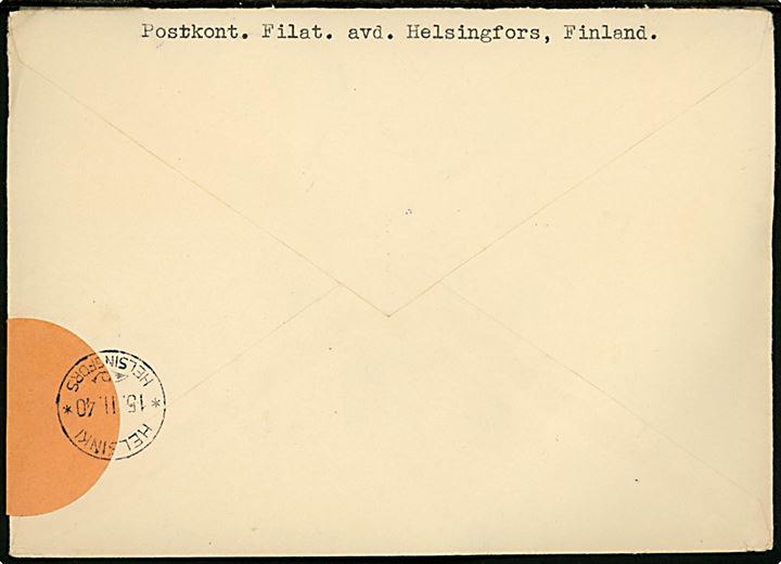 2 mk. Mannerheim og 2+2 mk. Forsterlandet i parstykke på anbefalet brev fra Helsingfors d. 15.2.1940 til Ystad, Sverige. Lukket med orange oblat. Finsk censur.