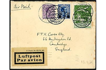 15 øre Chr. X, 20/40 øre Provisorium og 10 øre Luftpost på brev annulleret både København Luftpost og København OMK d. 13.9.1926 til Cambridge, England.