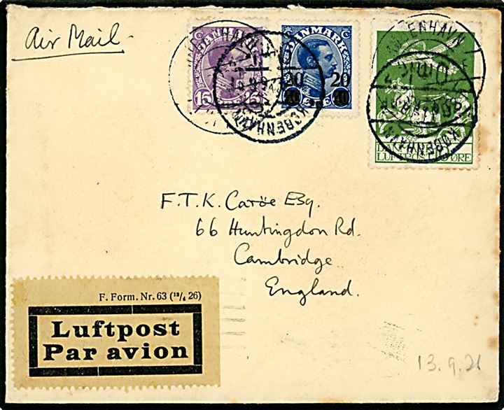 15 øre Chr. X, 20/40 øre Provisorium og 10 øre Luftpost på brev annulleret både København Luftpost og København OMK d. 13.9.1926 til Cambridge, England.