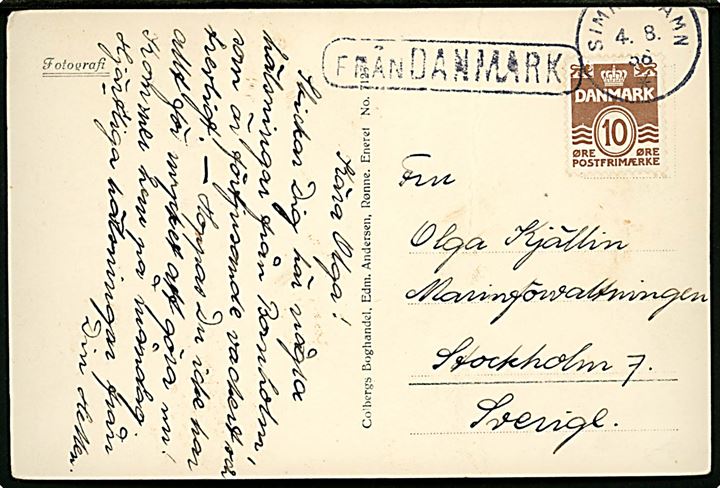 10 øre Bølgelinie på brevkort (Parti fra Frederiksø) sendt som skibspost og annulleret med svensk skibsstempel Från Danmark og sidestemplet Simrishamn d. 4.8.1938 til Stockholm, Sverige. Sjælden skibspost fra Bornholm. 