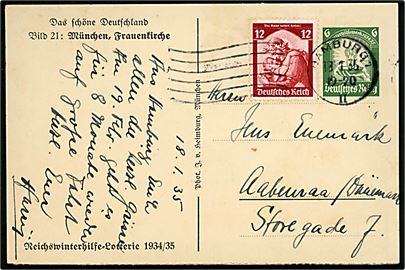 6 pfg. Das schöne Deutschland illustreret helsagsbrevkort no. 21 München, Frauenkirch opfrankeret med 12 pfg. Saar fra Hamburg d. 18.1.1935 til Aabenraa, Danmark.