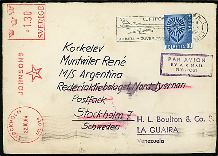 50 c. Europa udg. på brev fra Baden d. 20.10.1964 til sømand ombord på M/S Argentina via rederiet Nordstjernen i Stockholm, Sverige. Rederi-opfrankeret med 1,30 kr. firmafranko og eftersendt som luftpost til skibet i La Guaira, Venezuela. 