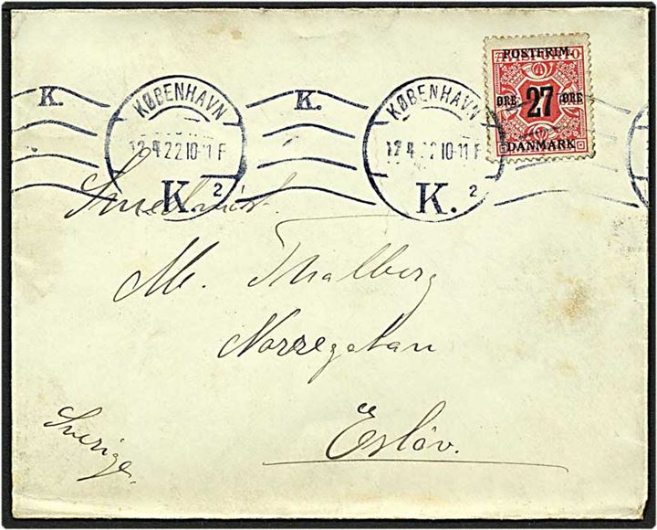 27/7 øre rød provisorie på brev fra København d. 12.4.1922 til Esløv, Sverige.