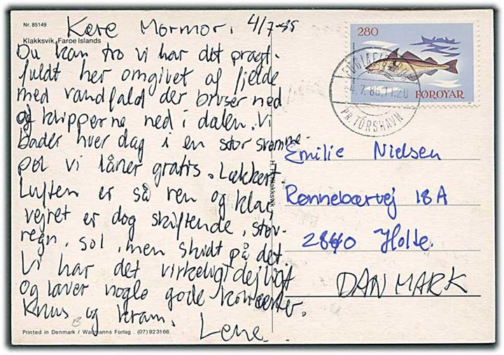 2,80 kr. Fisk på brevkort annulleret med pr.-stempel Fuglafjördur pr. Tórshavn d. 4.7.1985 til Holte, Danmark.