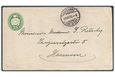 25 c. helsagskuvert fra Lausanne d. 19.9.1892 til Hannover, Tyskland.