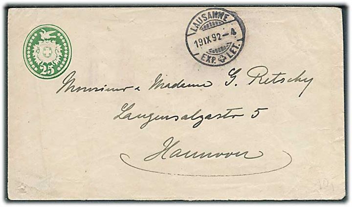 25 c. helsagskuvert fra Lausanne d. 19.9.1892 til Hannover, Tyskland.