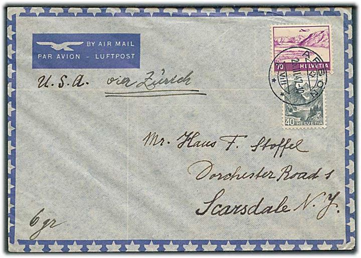 40 c. Landskab og 70 c. Luftpost på luftpostbrev fra Arbon d. 26.3.1947 til Scarsdale, USA. Påskrevet: via Zürich.