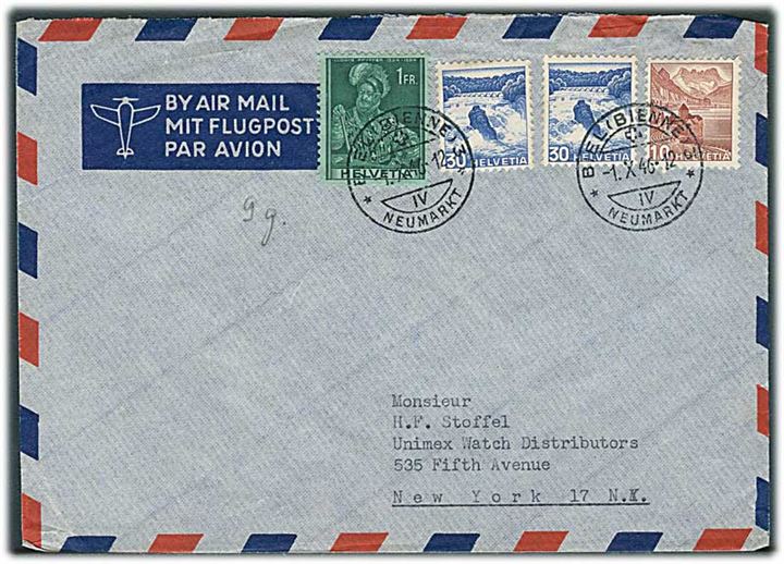 1,70 fr. blandingsfrankeret luftpostbrev fra Biel d. 1.10.1946 til New York, USA.