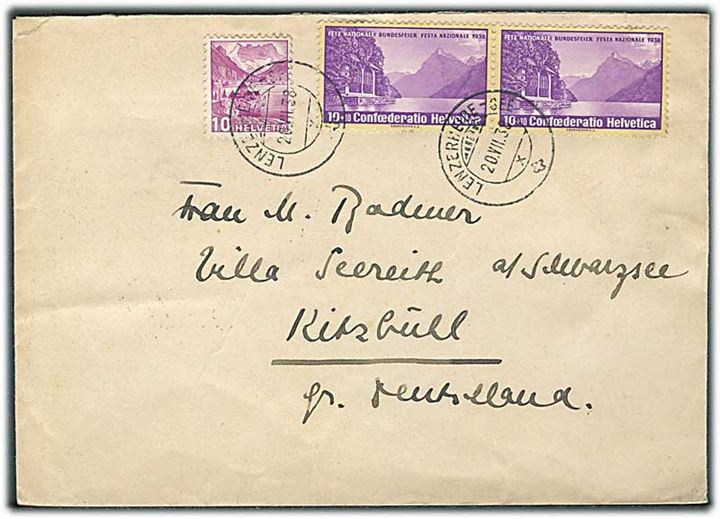 10 c. Landskab og 10+10 c. Pro Patria i parstykke på brev fra Lenzerheide See d. 20.7.1938 til Kitzbüll, Tyskland.