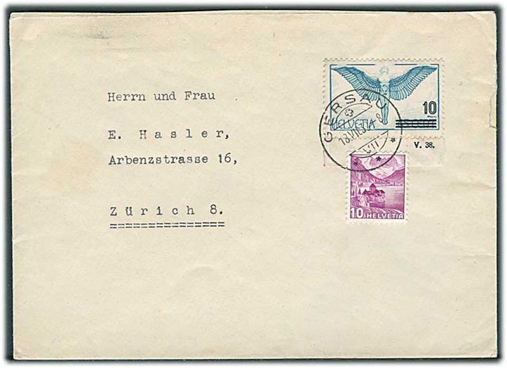10/65 c. Luftpost og 10 c. Landskab på brev fra Gersau d. 18.7.1938 til Zürich.