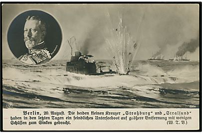 Tyske krydsere SMS Strassburg og SMS Stralsund sænker britisk ubåd d. 20.8.1914. Hændelsen var antagelig blot tysk propaganda. 