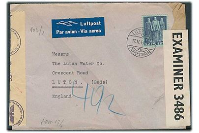 50 c. single på luftpostbrev fra Luzern d. 17.2.1943 til Luton, England. Åbnet af både tysk og britisk censur.