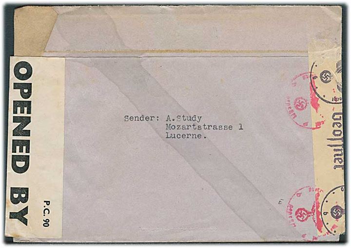 50 c. single på luftpostbrev fra Luzern d. 17.2.1943 til Luton, England. Åbnet af både tysk og britisk censur.