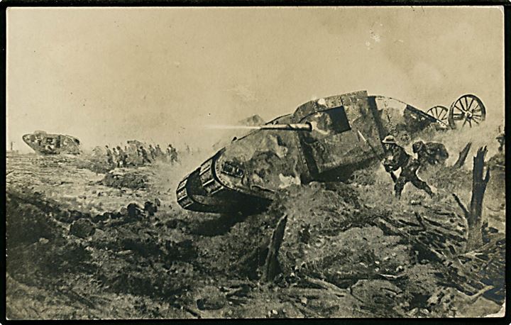 Britisk tank angreb på vestfronten under 1. verdenskrig. Brugt som tysk feltpost 1917.