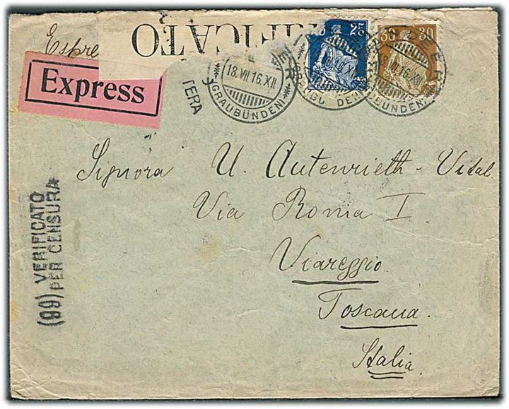 25 c. og 30 c. Helvetia på ekspresbrev fra Andeer d. 18.7.1916 til Viareggio, Italien. Italiensk censur.