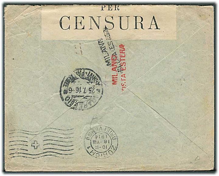 25 c. og 30 c. Helvetia på ekspresbrev fra Andeer d. 18.7.1916 til Viareggio, Italien. Italiensk censur.