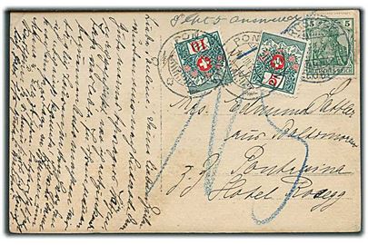 Tysk 5 pfg. Germania single på underfrankeret brevkort fra Rostock 1912 til Pontresina, Schweiz. Udtakseret i porto med 5 c. og 10 c. Portomærker.