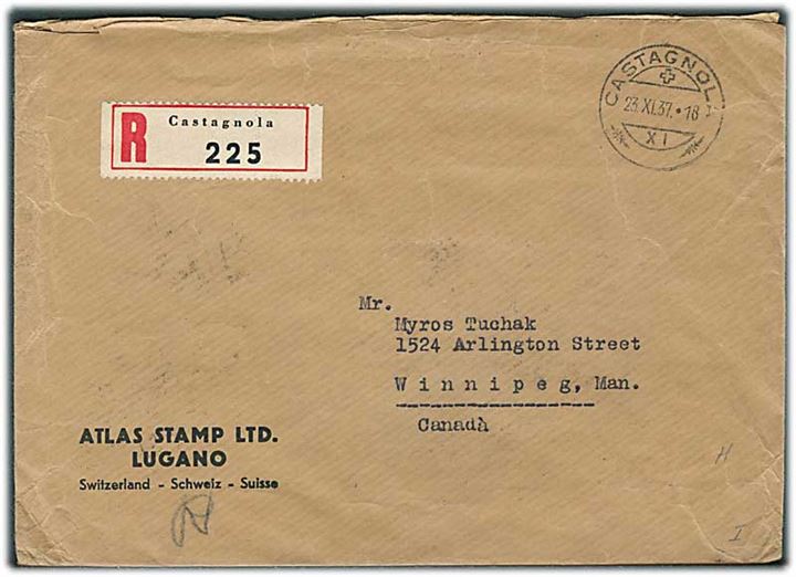 5 c. Landskab i tête-bêche 4-stribe, samt andre på bagsiden af anbefalet brev fra Castagnola d. 23.11.1937 til Winnipeg, Canada.