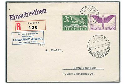 20 c. og 1 fr. Luftpost på anbefalet Swissair 1.-flyvningskuvert (Locarno-Roma) fra Locarno d. 18.3.1940 til Bern.