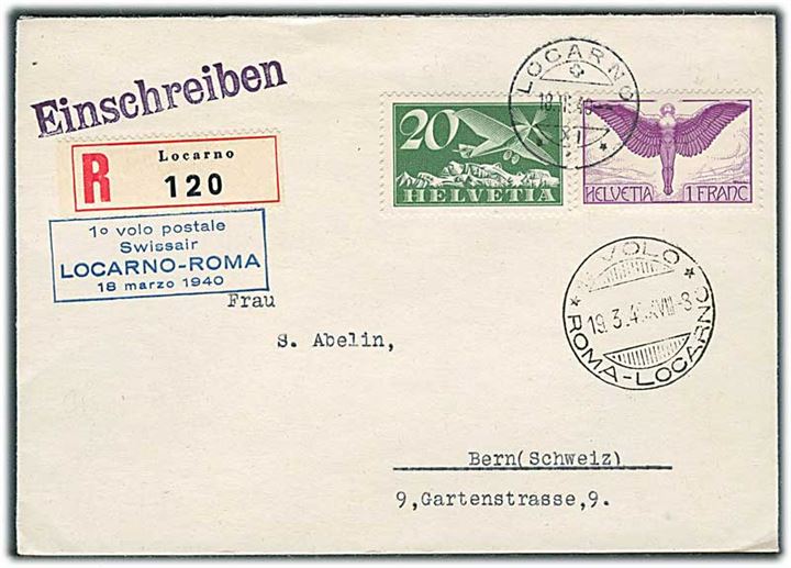 20 c. og 1 fr. Luftpost på anbefalet Swissair 1.-flyvningskuvert (Locarno-Roma) fra Locarno d. 18.3.1940 til Bern.