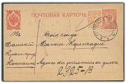 3 kop. helsagsbrevkort opfrankeret med 1 kop. Våben fra Smilobitza d. 13.8.1915 til Røde Kors i København. Russisk censur.