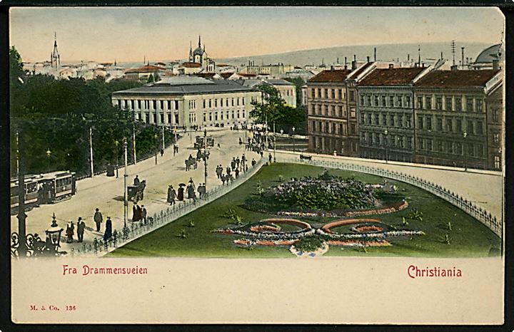Christiania, fra Drammensveien med sporvogne. Mittet & Co. no. 136.