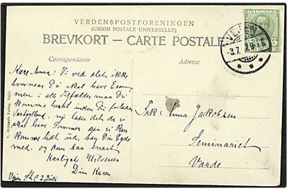 5 øre grøn Fr. VIII helsagsklip på postkort fra Vejen d. 3.7.1907 til Varde.