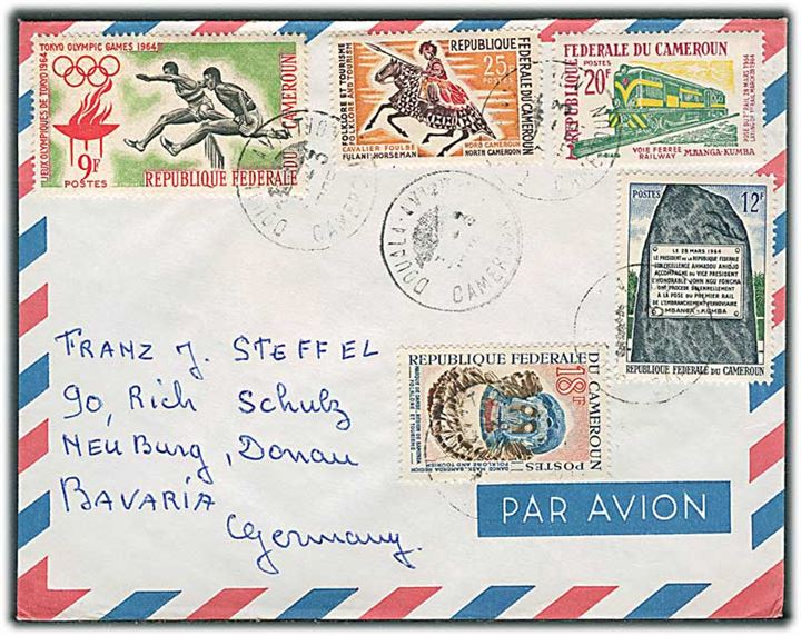 Blandingsfrankeret luftpostbrev fra Douala 1985 til Neuburg, Tyskland.
