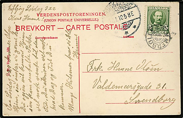 5 øre Fr. VIII på brevkort annulleret med stjernestempel SIMMERBØLLE og sidestemplet Rudkjøbing d. 22.1.1910 til Svendborg.