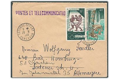30 fr. Olympiade og 40 fr. Gummiproduktion på brev fra Yaounde d. 29.8.1968 til Hamburg, Tyskland - eftersendt til Aachen.