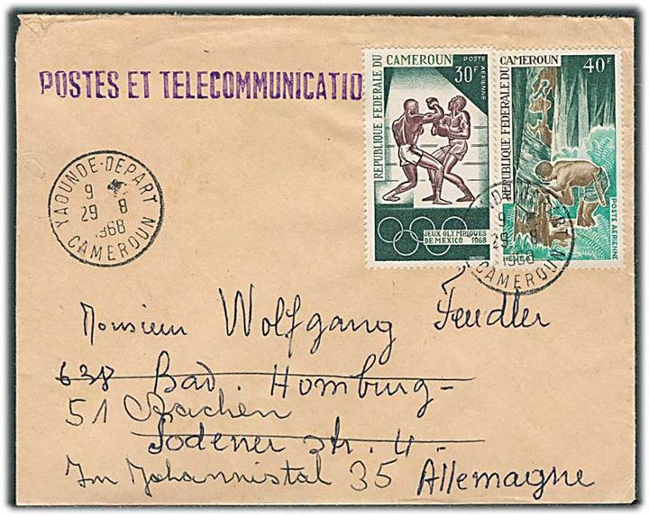 30 fr. Olympiade og 40 fr. Gummiproduktion på brev fra Yaounde d. 29.8.1968 til Hamburg, Tyskland - eftersendt til Aachen.