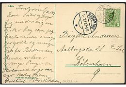 5 øre Chr. X på brevkort (Dannebrog og kongeparret) annulleret med stjernestempel NØRRE-TORNBY og sidestemplet Hjørring d. 1.2.1917 til København.