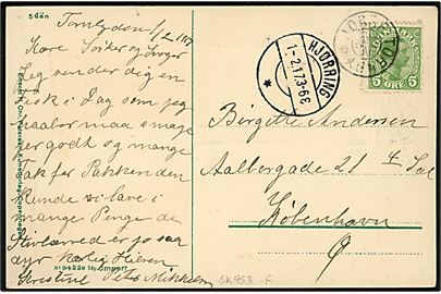 5 øre Chr. X på brevkort (Dannebrog og kongeparret) annulleret med stjernestempel NØRRE-TORNBY og sidestemplet Hjørring d. 1.2.1917 til København.