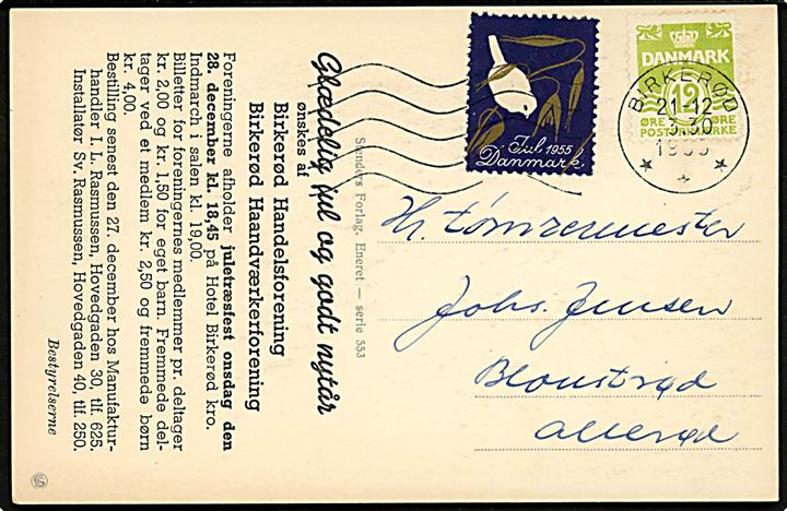 12 øre Bølgelinie og Julemærke 1955 på tryksagskort med fortrykt julehilsen fra Birkerød Handels- og Haandværkerforening stemplet Birkerød d. 21.12.1955 til Bloustrød pr. Allerød.