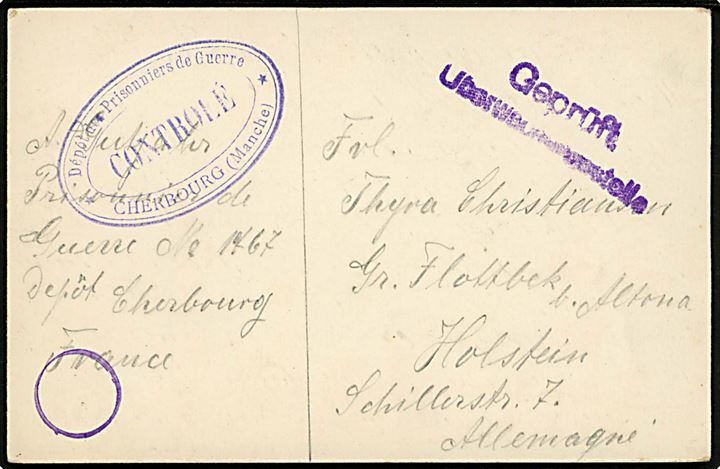Ufrankeret fransk krigsfangekort fra tysk krigsfange i Cherbourg d. 19.8.1917 til Gr. Flottbek b. Altona, Holstein. Fransk lejrcensur og tysk censur.