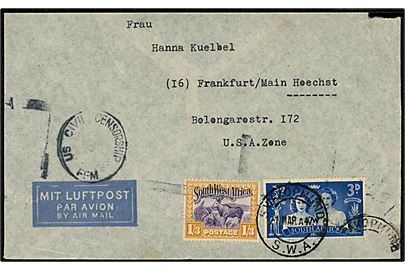 3d Kongebesøg S.W.A. Provisorium og 1/3 sh. Antilope på luftpostbrev fra Swakopmund S.W.A. d. 1.3.1947 til Frankfurt, Tyskland. Amerikansk efterkrigscensur fra Frankfurt. Afkortet i toppen.