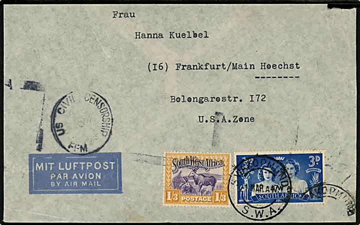 3d Kongebesøg S.W.A. Provisorium og 1/3 sh. Antilope på luftpostbrev fra Swakopmund S.W.A. d. 1.3.1947 til Frankfurt, Tyskland. Amerikansk efterkrigscensur fra Frankfurt. Afkortet i toppen.